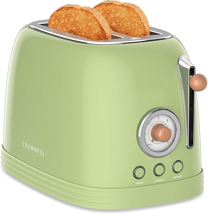 CROWNFUL 2-Slice Toaster, Extra Wide Slots Toaster, Retro Stainless Steel by CROWNFUL
