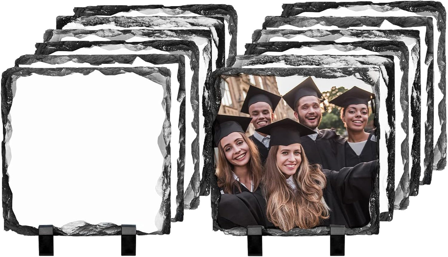 PYD Life 12 Pack Sublimation Blanks Photo Slates Frame Rock 5.5" x 5.5" | Bulk Square Picture Stone with Display Holder for Heat Transfer Print, Custom Gifts for Christmas Birthday Wedding