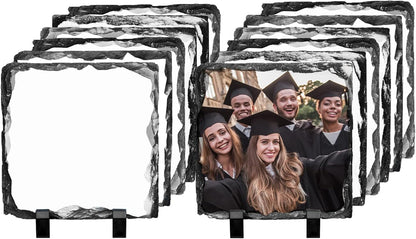 PYD Life 12 Pack Sublimation Blanks Photo Slates Frame Rock 5.5" x 5.5" | Bulk Square Picture Stone with Display Holder for Heat Transfer Print, Custom Gifts for Christmas Birthday Wedding