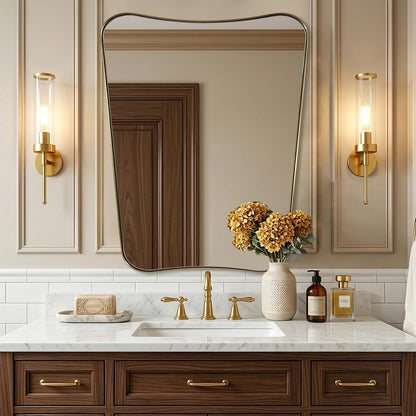 Irregular 24"x30" Brushed Gold Bathroom Vanity Mirror | Rustprrof Stainless Steel Frame, Concave Scalloped Contour, Ultra-HD Clarity, Ideal Bathroom Decor & Remodel, Vertically Only