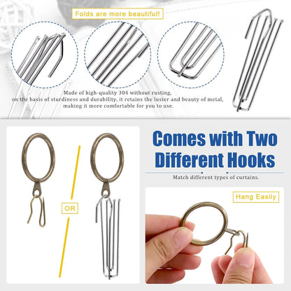 Glarks 120Pcs Antique Bronze Metal Drapery Curtain Hanging Rings with Stainless Steel 4 Prongs Curtain Pleat Hooks and Curtain Pin Hooks for Window Door Bathroom Curtain, 30mm Internal Diameter