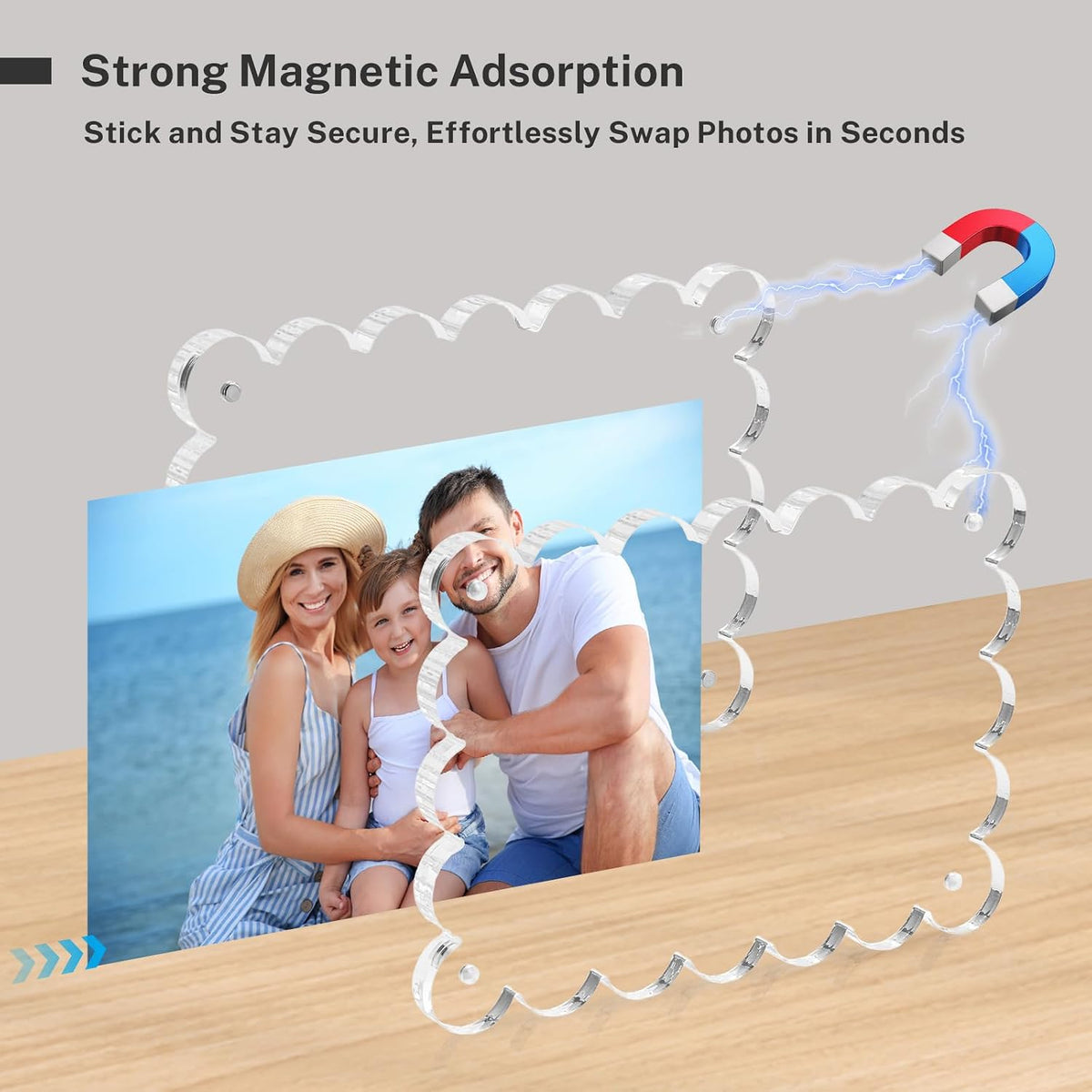 HOUSE DAY Acrylic Picture Frames 5x7 Acrylic Frame, 3 Pack Scalloped Magnetic 5x7 Picture Frame, Double Sided Clear 5 x 7 Photo Frame, Frameless FreeStanding 5 x 7 Picture Frames Gift for Desktop Display