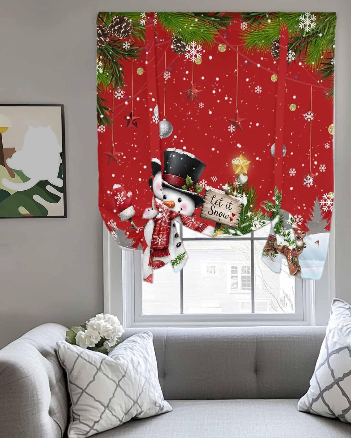 Christmas Snowman Reindeer Pine Tree Bell Tie Up Curtains for Windows, Cartoon Style Rod Pocket Window Shade Adjustable Balloon Curtain Valance for Bedroom Kitchen Bathroom Blinds 34x45in