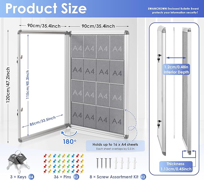 SWANCROWN Enclosed Bulletin Board 48x36in, Tamperproof Lockable Grey Felt Board - Image 2
