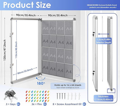 SWANCROWN Enclosed Bulletin Board 48x36in, Tamperproof Lockable Grey Felt Board - Image 2