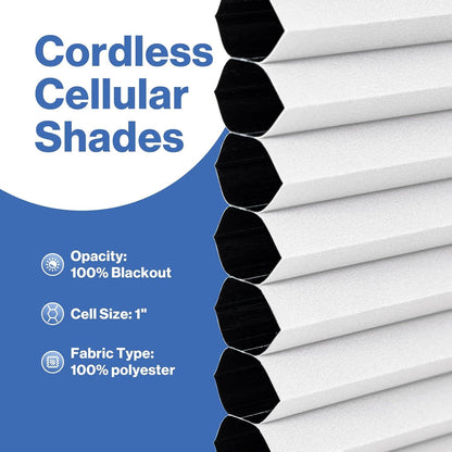 No Drill Blackout Cellular Shades, White, 31" W x 64" H | Thermal Insulated, Privacy Protection, Noise Reduction, Cordless Safe Design, Easy Install, Pull Down Pleated Honeycomb Blind