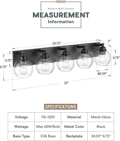 METWET Bathroom Light Fixtures, 5 Light Matte Black Vanity Light, 32 Inch - Image 4