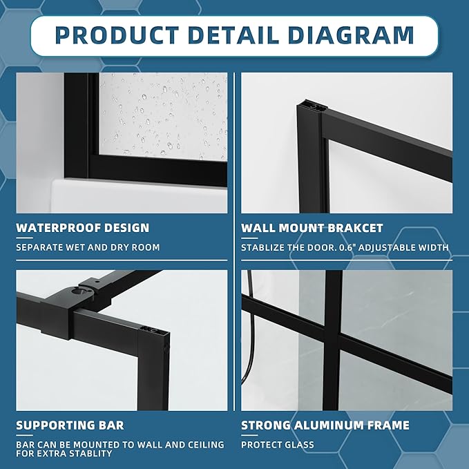 Goodyo 34"- 46" x 72" Glass Shower Door Clear Tempered Glass Panel Fixed Shower - Image 5