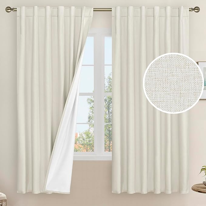 LAMIT 100% Blackout Natural Linen Curtains, 63 Inches Linen Textured Thermal by LAMIT