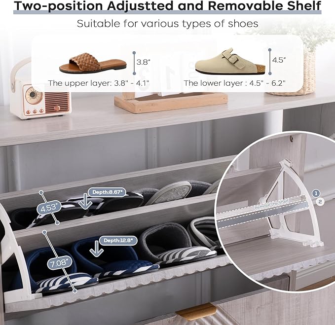 Shoe Cabinet with 2 Flip Drawers, Freestanding Shoe Cabinet Organizer with 4 - Image 4