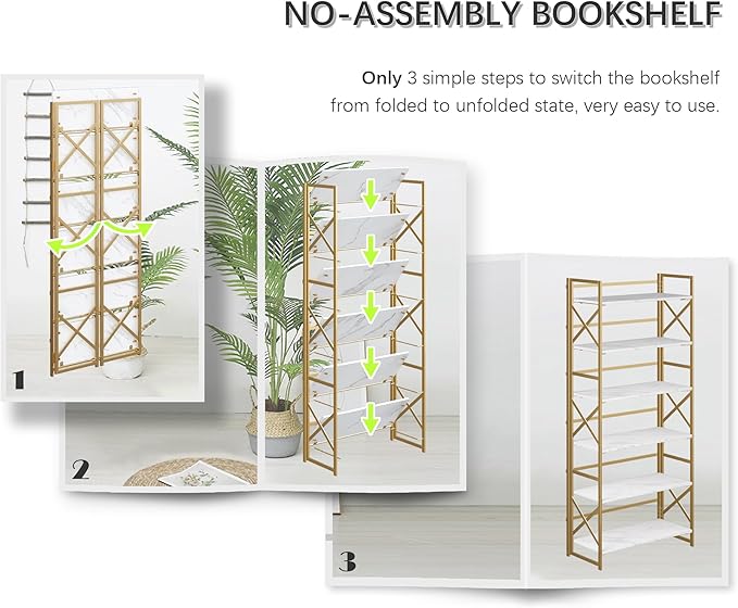 4NM 6 Tiers No Assembly Book Shelves, 61.8" H Folding Bookshelf Bookcase Open - Image 6