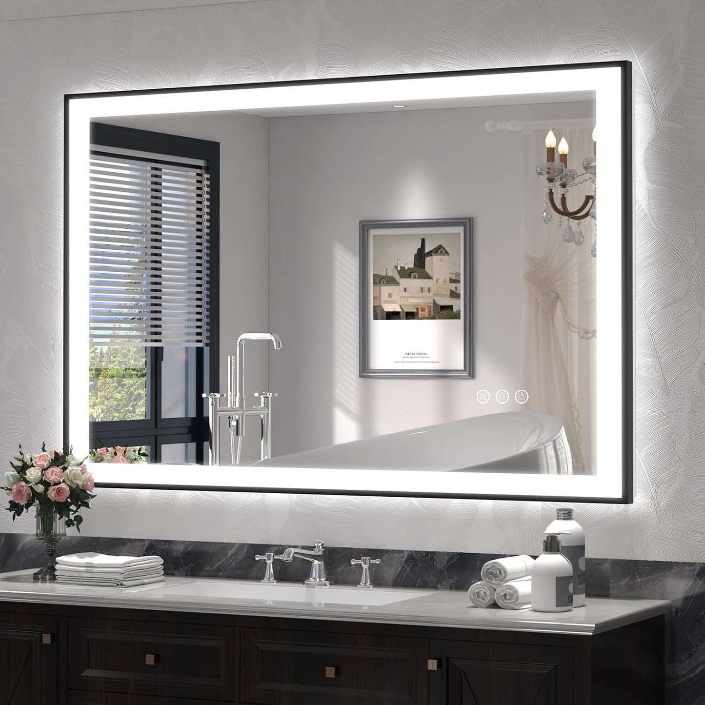 SMIROR 44x30 Black Framed LED Lighted Bathroom Vanity Mirror for Wall | Front Lit and Backlit, 3 Color Lighting, Anti-Fog, Memory, Tempered Glass, Rectangle, Horizontal/ Vertical Mounted