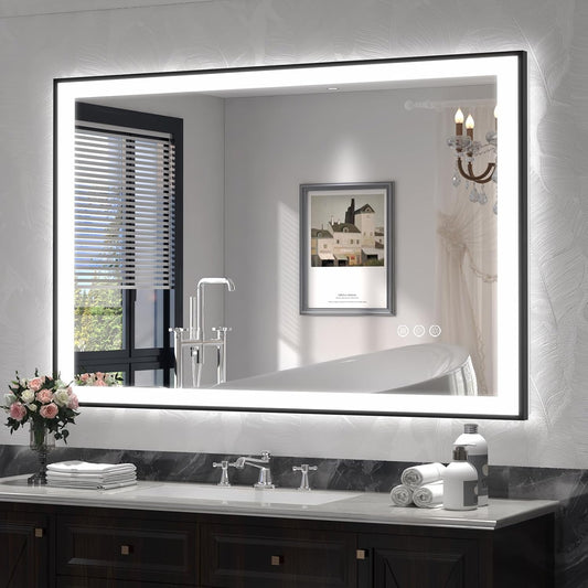 SMIROR 44x30 Black Framed LED Lighted Bathroom Vanity Mirror for Wall | Front Lit and Backlit, 3 Color Lighting, Anti-Fog, Memory, Tempered Glass, Rectangle, Horizontal/ Vertical Mounted