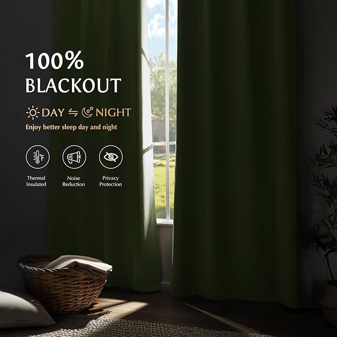 Beauoop Sage Green 100% Blackout Curtains 63 Inch Long 2 Panels - Image 2