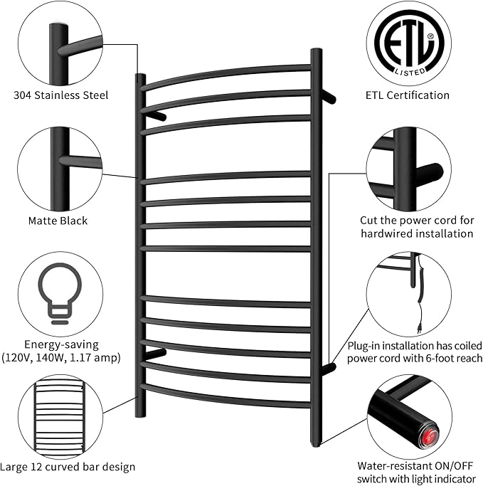HEATGENE Towel Warmer Wall Mount Electric Plug-in/Hardwired Heated Towel Rack - Image 2