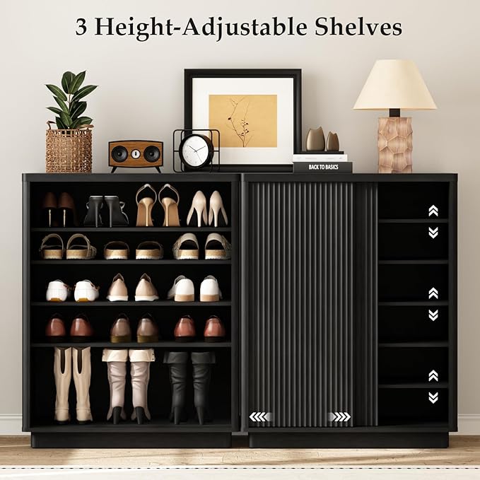Fluted Shoe Cabinet with Sliding Door Set of 2, 6-Tier Large Hidden Storage - Image 3