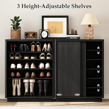 Fluted Shoe Cabinet with Sliding Door Set of 2, 6-Tier Large Hidden Storage - Image 3