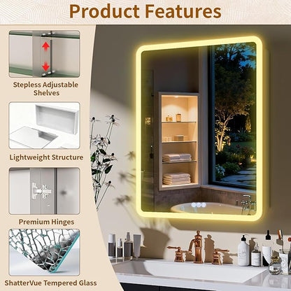 BEAUTYPEAK 24 x 32 LED Bathroom Medicine Cabinet Mirror, Adjustable Shelves - Image 3