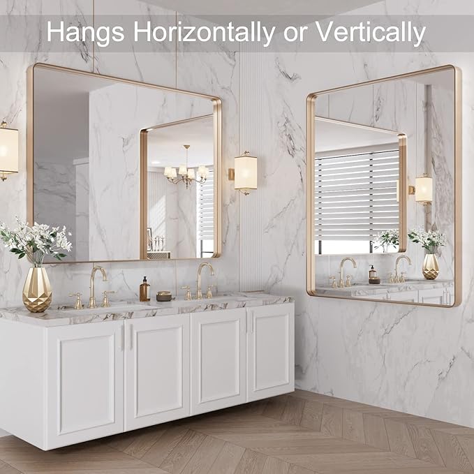 LOAAO 40”X36” Gold Bathroom Mirror, Rounded Rectangle Gold Frame Mirror - Image 8