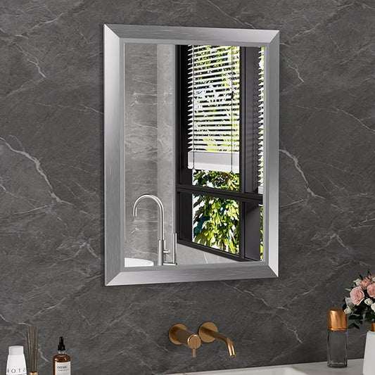 Amorho 20x30 Inch Bathroom Mirror Silver, Thick Metal Framed Wall Mirrors by Amorho