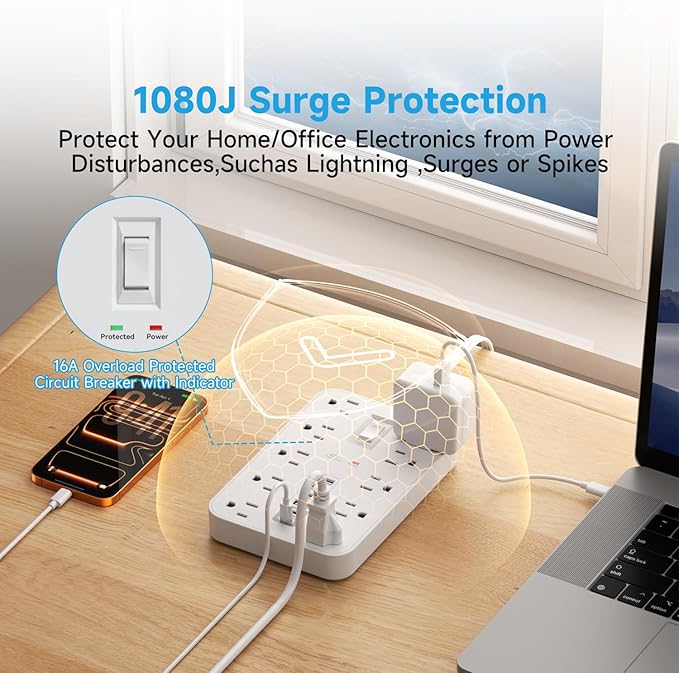 Flat Extension Cord with USB and USBC Ports, 5FT Extension Cord with 10 AC - Image 4