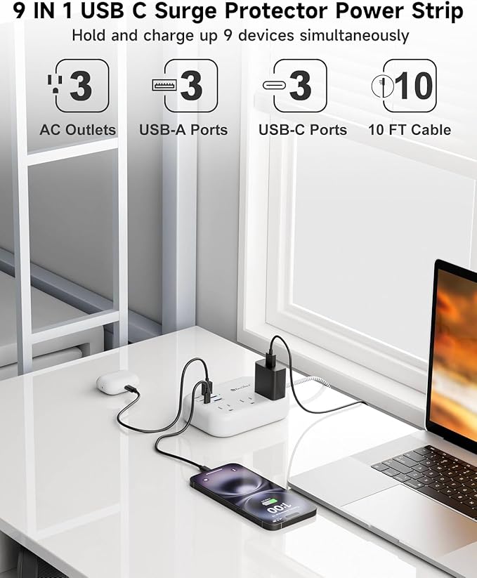 6 USB Surge Protector Power Strip- Extension Cord 10 Ft - Image 4