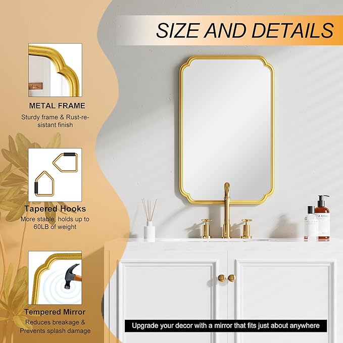 22x34 Inch Gold Bathroom Mirror, Metal Framed Wall Mirror - Image 7