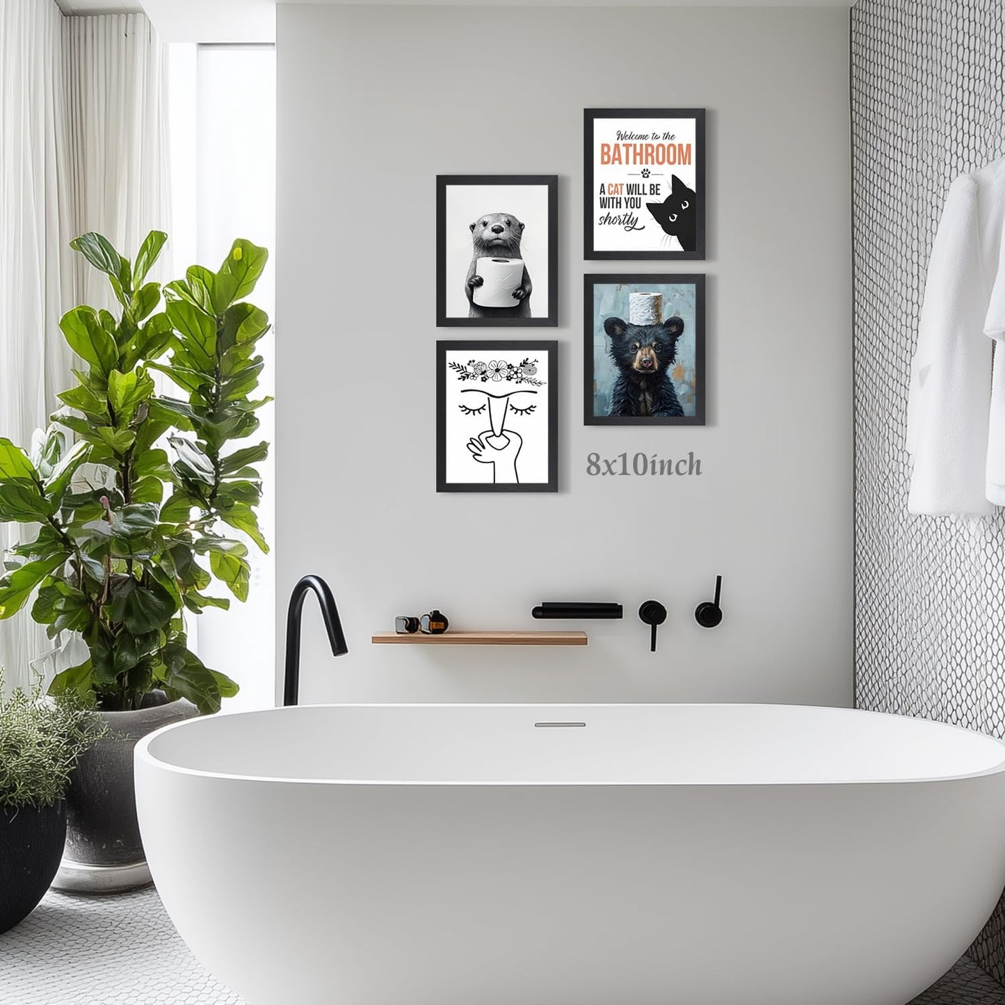 LLEEMPI Welcome to the Bathroom Cat Wall Art, 8x10 Wood Framed Print | Black and white minimalist design, funny cat quote for bathroom, restroom or toilet, housewarming gift for cat lovers