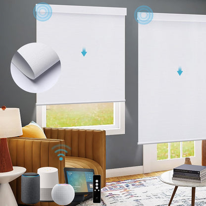 SmartWings Motorized Roller Shades 100% Blackout Work with Matter Homekit Over Thread, Alexa, Z-Wave, Smart Blinds for Windows, Cordless Remote Control Optional, Customized Size, Essential White
