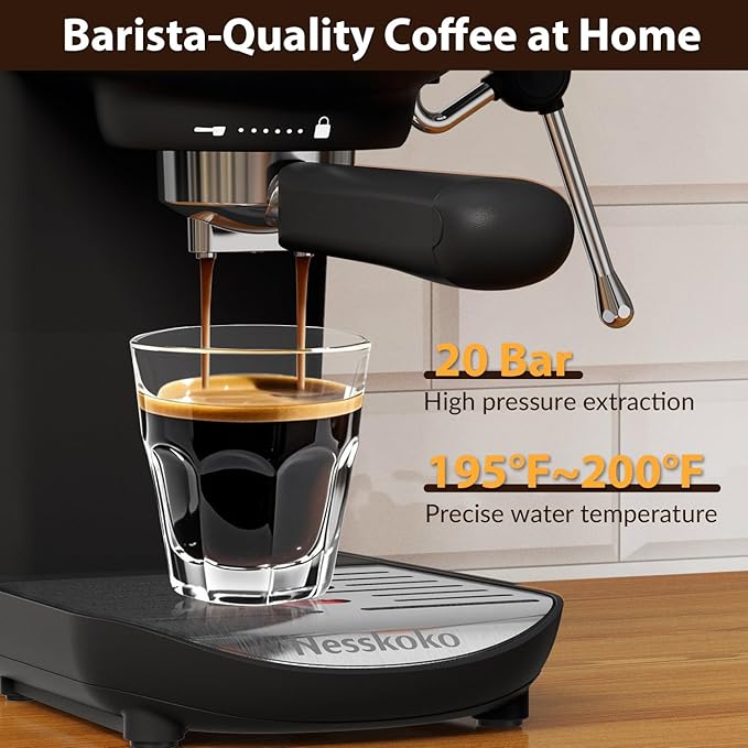 Espresso Machine with Steam Milk Frother Semi Automatic 20 Bar Compact Black - Image 2