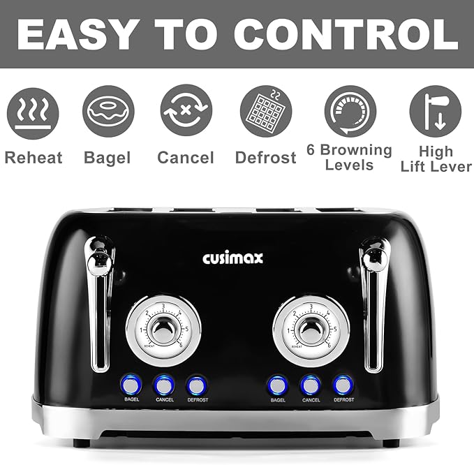 CUSIMAX Toaster 4 Slice, Retro Toaster - Image 3