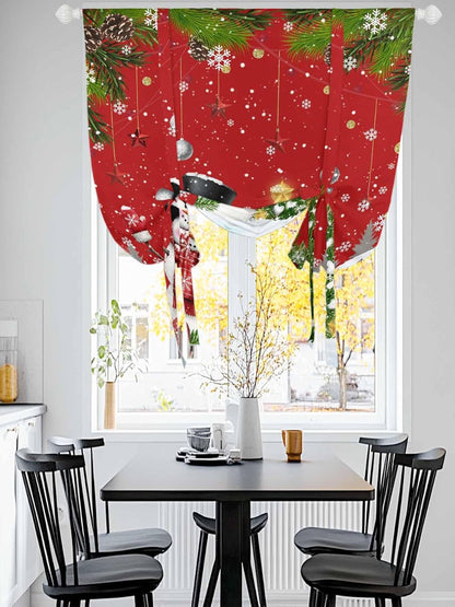 Christmas Snowman Reindeer Pine Tree Bell Tie Up Curtains for Windows, Cartoon Style Rod Pocket Window Shade Adjustable Balloon Curtain Valance for Bedroom Kitchen Bathroom Blinds 34x45in