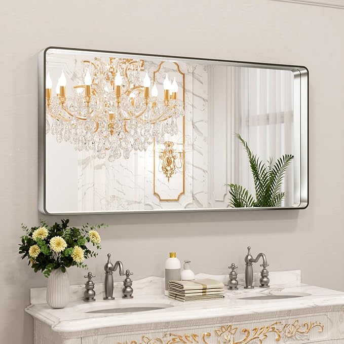 LOAAO 55X30 Inch Brushed Nickel Bathroom Mirror, Rounded Rectangle Silver Metal by LOAAO