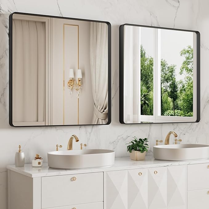 LOAAO 38x38 Inch Black Metal Framed Bathroom Mirror - Image 3