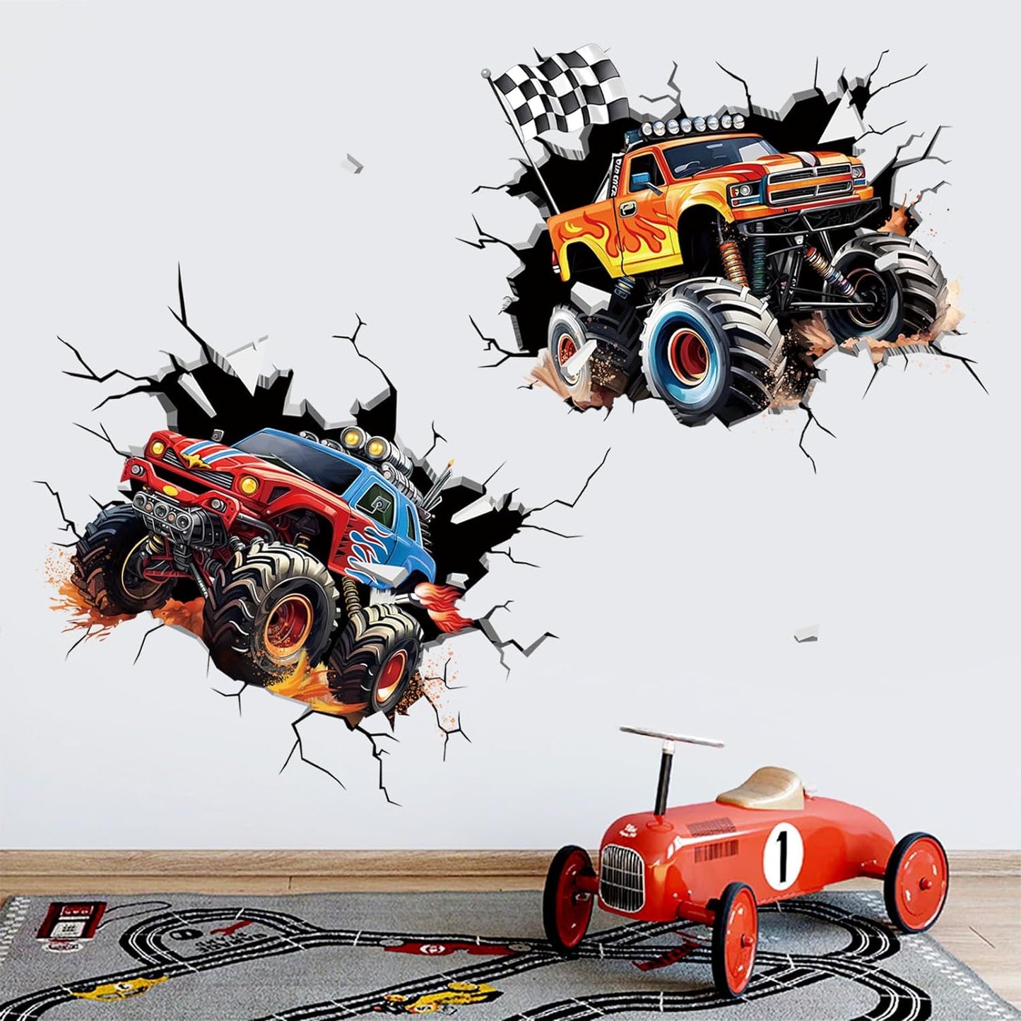 decalmile 2 Racing Cars Trucks Break Through Wall Decals Stickers