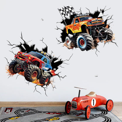 decalmile 2 Racing Cars Trucks Break Through Wall Decals Stickers