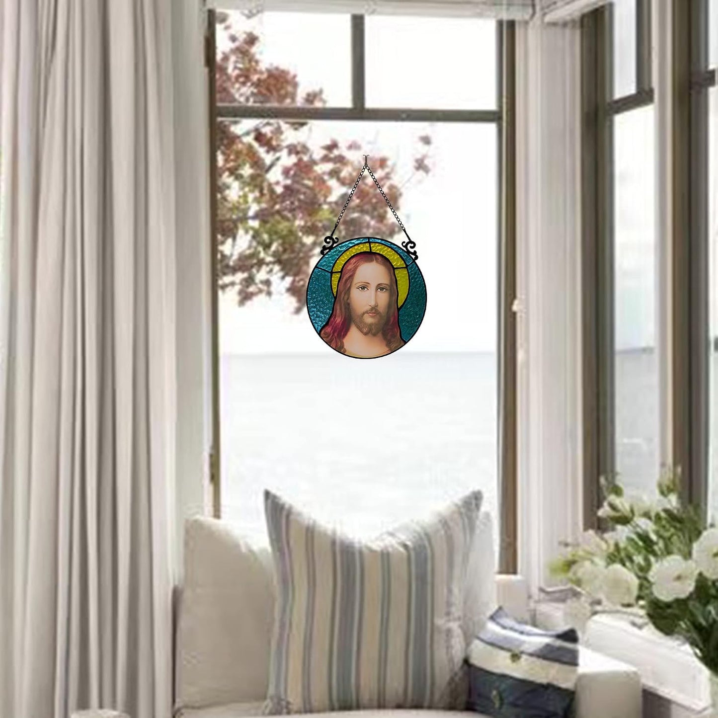 BOXCASA Christian Jesus Stained Glass Window Hanging,Suncatcher Jesus Holy Spiritual Decor,Christian Gift for Religious People,Catholic Decor for Living Room Bedroom Window