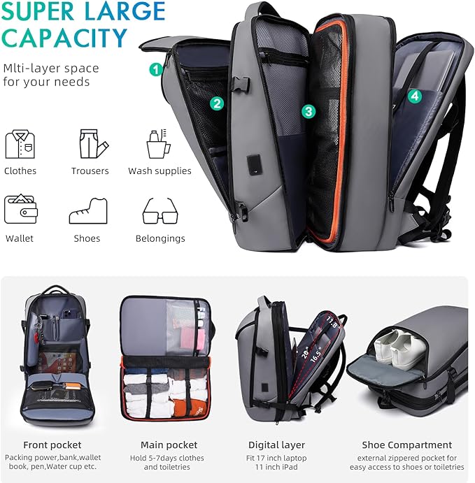 Laptop Backpack for Women, 50L Carry On Backpack Men, Expandable Flight - Image 3