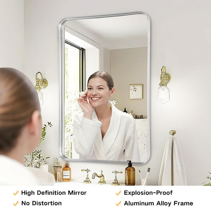 Bathroom Vanity Mirror Over Sink 24x36, Silver Wall Brushed Nickel Mirror | Rosynee Matte Metal Chrome Framed Rectangle Large Mirror for Restroom, Bedroom, Entryway Decor, Wall Mounted