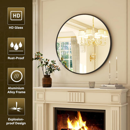 XRAMFY 30 Inch Round Mirror-Black Circle Mirrors for Bathroom, Entryway | Modern Hanging Vanity Mirror for Livingroom, Wall Decor, Bedroom, Matte Black Circle Decorative Wall Mirror