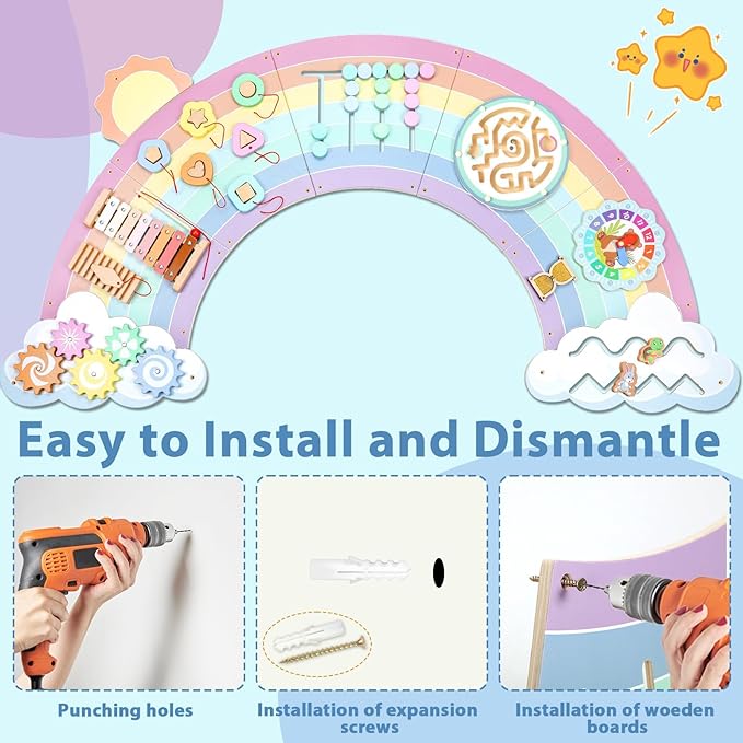 5FT Large Pastel Rainbow Wooden Activity Wall Panel - Image 4