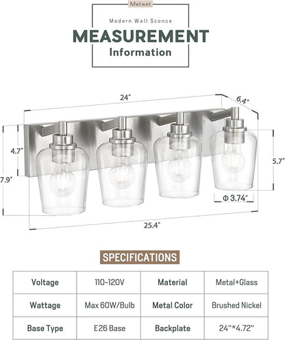 METWET Bathroom Light Fixtures, 4-Light Modern Vanity Light - Image 3