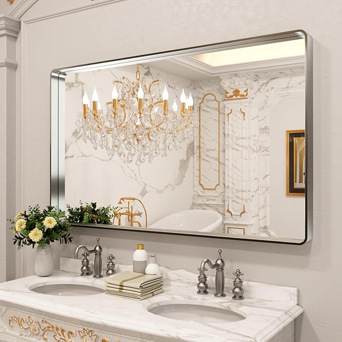 LOAAO 60X30 Inch Brushed Nickel Bathroom Mirror, Rounded Rectangle Silver Metal - Image 8