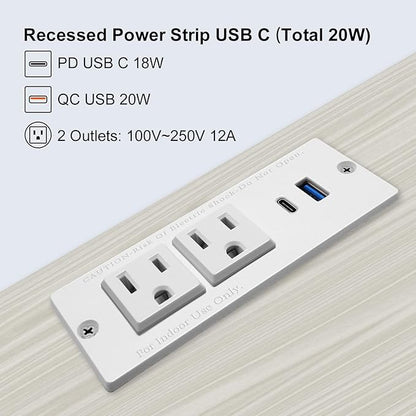 USB C Recessed Power Strip Fast Charge Desktop Power Station 2 Outlets 2 USB - Image 3