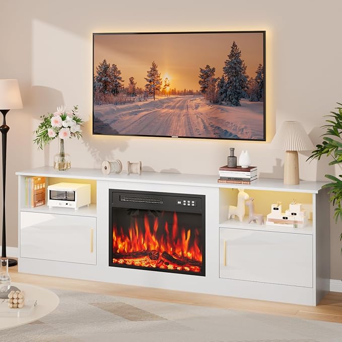 Fireplace TV Stand with 23" Electric Fireplace Heater Up to 80" TVs, Modern by PRETZI