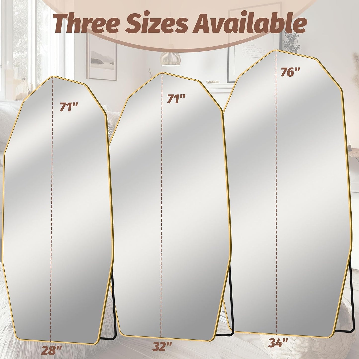 Full Length Mirror, 76" x 34" Full Body Large Standing Mirror, Diamond Shaped, Free Standing, Wall-Mounted or Leaning, Decorative Large Mirrors for Home Bathroom Living Room, Gold