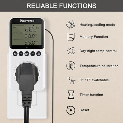 KETOTEK Digital Day/Night Temperature Controller 120V, Thermostat Outlet Plug - Image 2