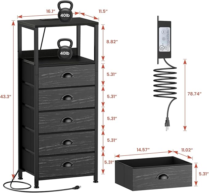 5-Drawer Dresser with Charging Station & Voice Control LED Light, Modern - Image 3