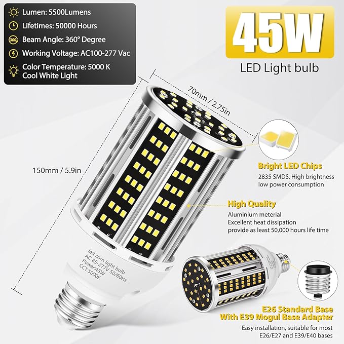 45W LED Corn Light Bulb 2 pack, 400W Equivalent 5000K Commercial Grade Daylight - Image 3