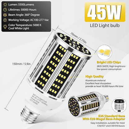 45W LED Corn Light Bulb 2 pack, 400W Equivalent 5000K Commercial Grade Daylight - Image 3
